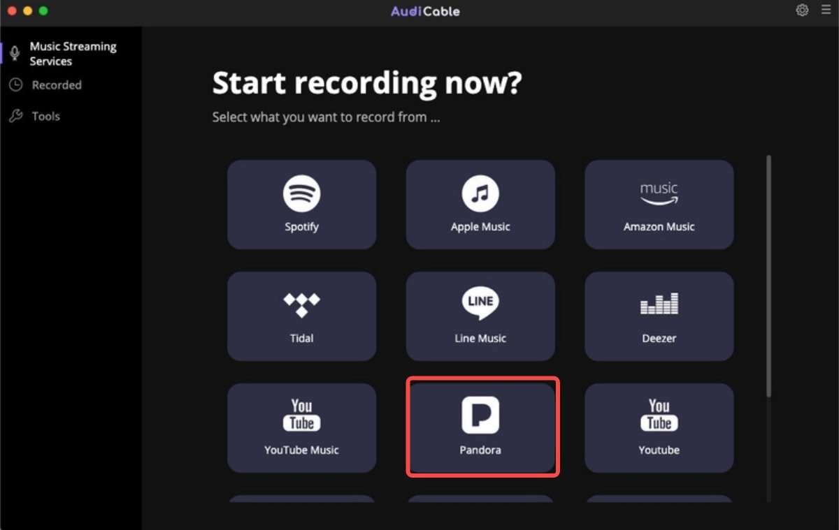 Seleccione Pandora Music en AudiCable Audio Recorder