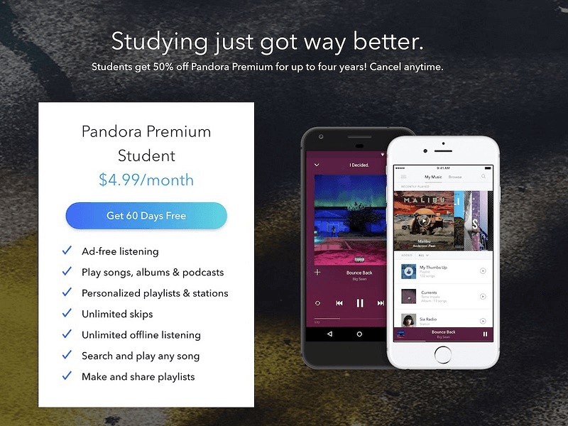 Preço e oferta premium para estudantes Pandora