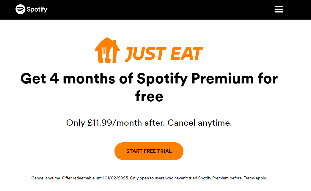 Ön Onay Spotify Just Eat ile Premium