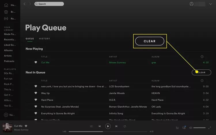 Click on the “Clear” Button on Spotify’s Window