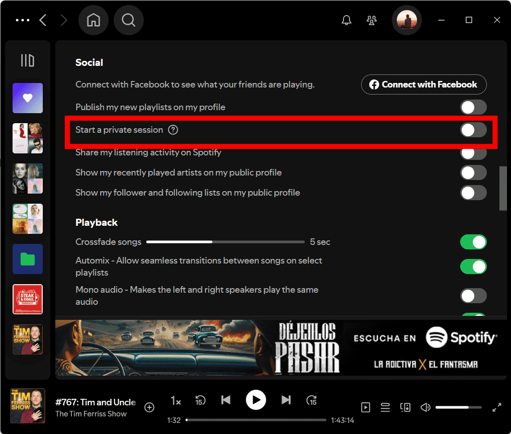 Habilitar sesión privada en Spotify