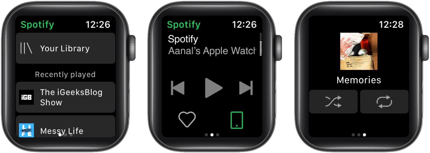 Apple Watch Spotify arayüzey