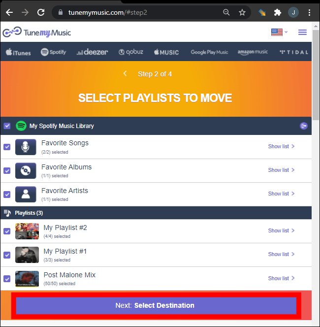 TuneMyMusic Seleccionar destino