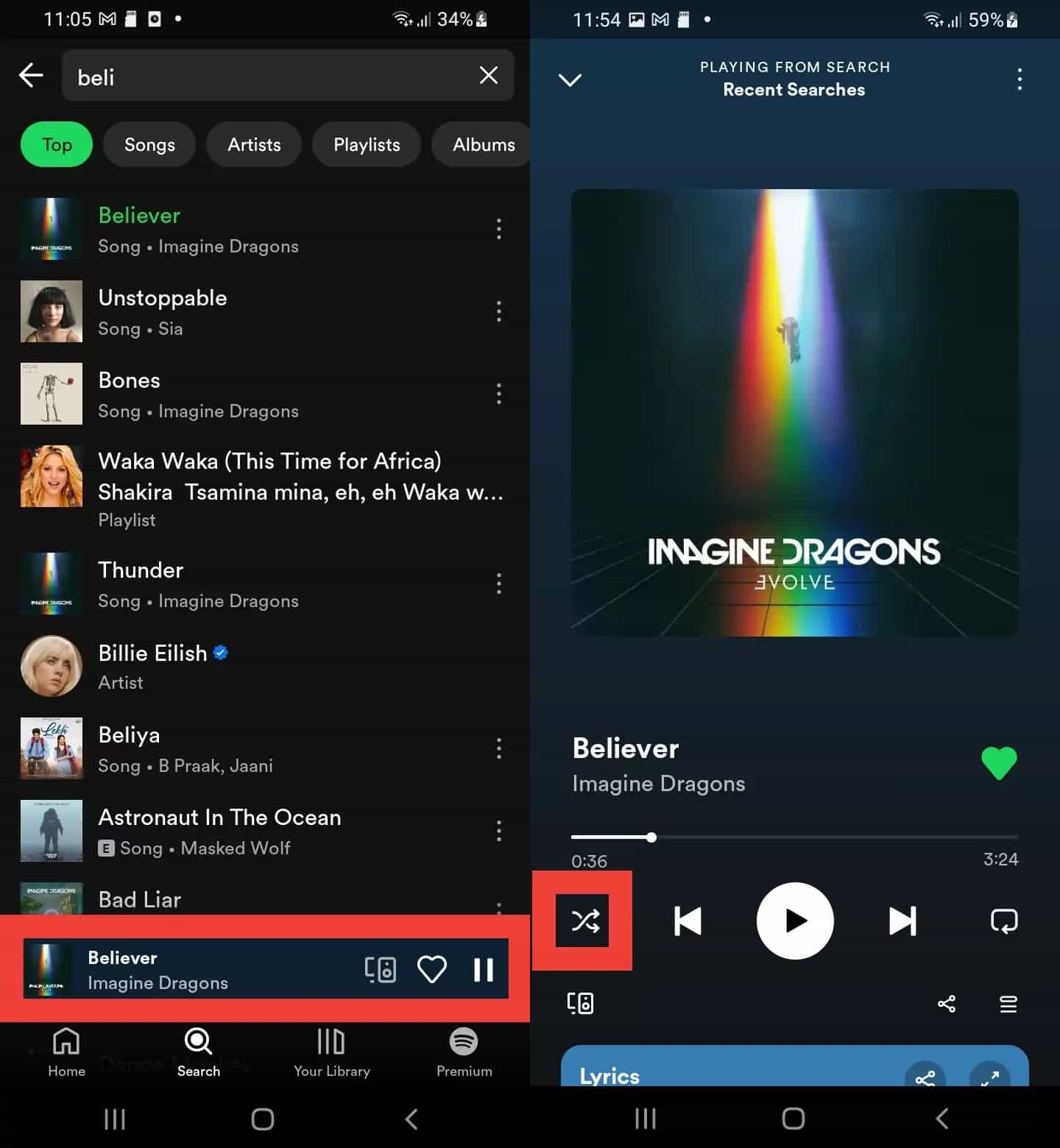 Riproduzione casuale attivata Spotify Mobile