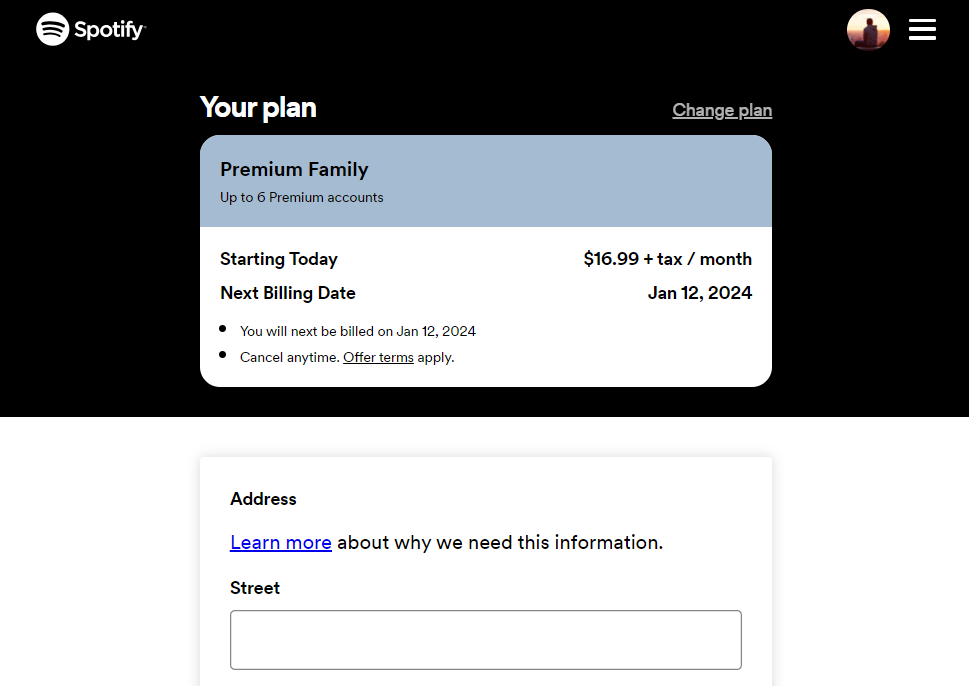 Cadastre-se de um Spotify Plano Familiar